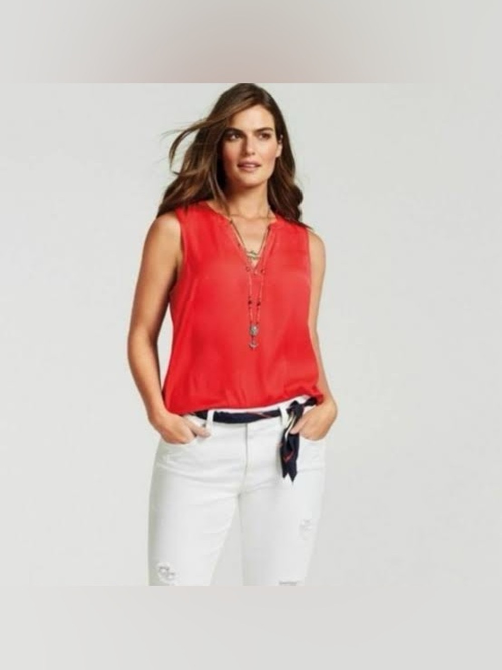 CAbi Sleeveless V-Neck Blouse Size XS Red-orange Style 5364 Flowy Gathered Neck